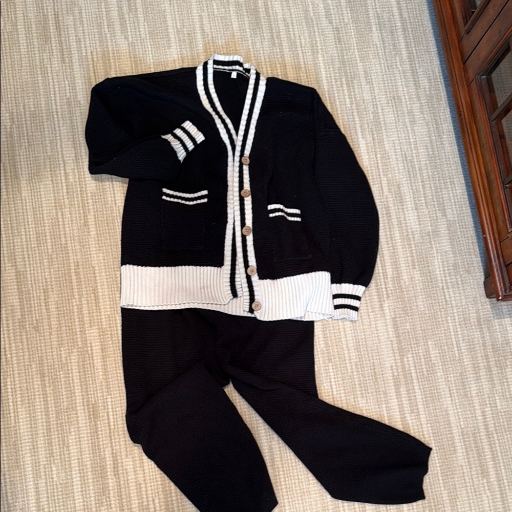 Black Knit Cardigan and Pants Set with White Trim